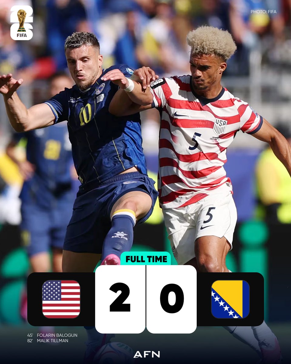 theafndotcom's tweet photo. FT: United States 🇺🇸 2️⃣-0️⃣ 🇧🇦 Bosnia and Herzegovina
⚽️ 🇺🇸 Folarin Balogun 45'
⚽️ 🇺🇸 Malik Tillman 82'
FIFA World Cup 2026 | Round of 32
-----
#WorldCup2026 #FIFAWorldCup #AFN #USAvBIH https://t.co/zm6i9YZTBt