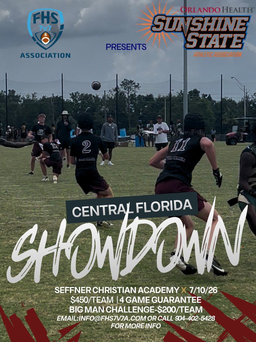 FHS7v7A's tweet photo. Last chance, a few spots remain for the Central Florida Showdown presented by the FHS7v7A at Seffner Christian on Friday July 10th! DM us or email info@fhs7v7a.com to reserve your spot. $450 per team with a 4 game guarantee. #UpGradeYourOFFSEASON https://t.co/4NXOEm4DiW