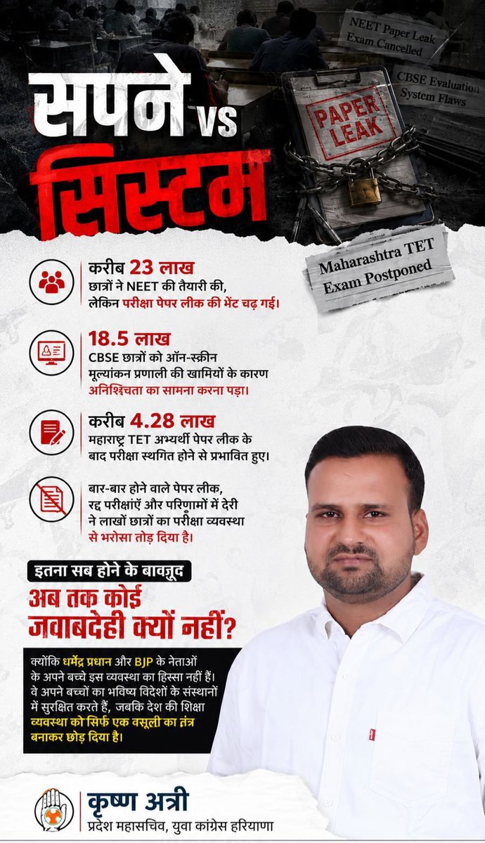 KrishanAttri_01's tweet photo. जवाबदेही शून्य।
क्यों?
क्योंकि सिस्टम चलाने वालों के बच्चे इस सिस्टम में हैं ही नहीं।
#सपनेVsसिस्टम #PaperLeakScam #neetexam #chhatronkigoonj #StudentLivesMatter #KrishanAttri https://t.co/t6C5wfw69a