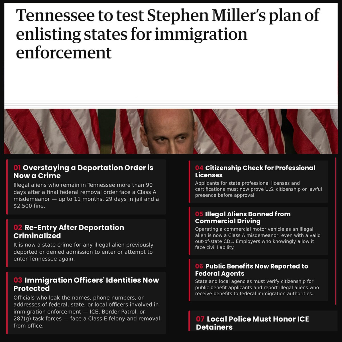 derzum_'s tweet photo. New laws are making it illegal to be an illegal in Tennessee.

This includes citizenship checks for benefits, police cooperation with ICE, and it is now a crime to defy deportation orders and a felony to leak immigration officer info, building state support for mass deportations. https://t.co/RQN8nwmCcz
