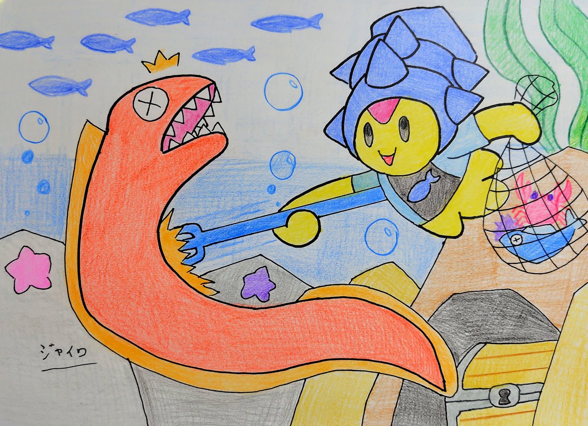 eUwHqrQJF1wVeSp's tweet photo. #ツリーフォレス物語

今年の夏イラスト1番手を飾るのは「スパイク」です。
モリを片手に素潜り漁を楽しんでおり、更に大きなウツボを仕留めたようです。

スパイクは泳ぎがとても上手く、寧ろ地上よりも機動力が上がります。
故に普段から素潜りでよく魚やカニなどをとっているようです。 https://t.co/YzEn9pvUkJ