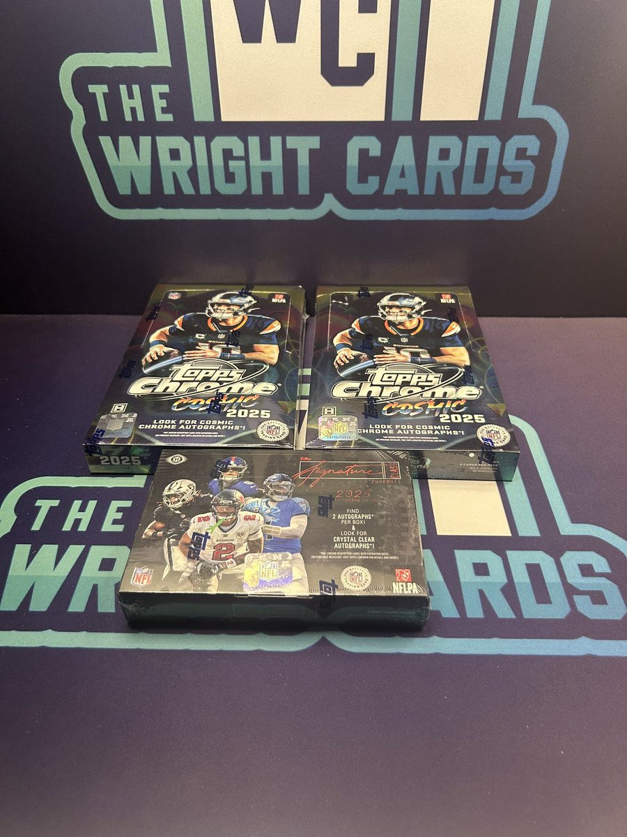 TheWrightCards's tweet photo. ‼️Break #1099‼️

2x 2025 Topps Chrome Cosmic 🏈
1x 2025 Topps Signature Class Hobby🏈
💥2 Autos, 192 Cards💥

🔥OVER 2/3rd FULL🔥 BRAND NEW RELEASES

10 Teams left🚨PYT starting @ $25

Breaks when FULL on IG live🎯
Comment below to claim a team ⬇️ 
#TheHobby #TBBCrew #NFL #Fanatics