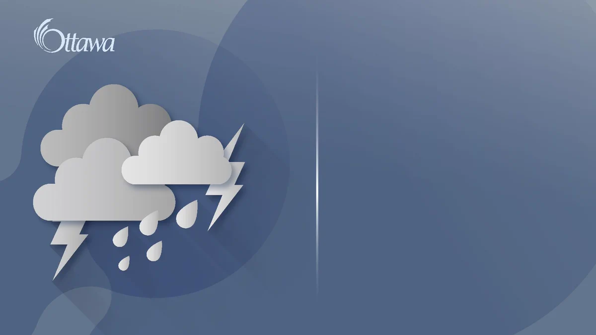 Graphique sur fond bleu. Un pictogramme représentant un nuage d'orage avec des gouttes de pluie se trouve sur le côté gauche.