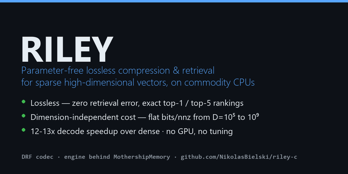 NikolasBielski's tweet photo. Launching RILEY: 100M AI context vectors on a normal 16GB laptop. 100% retrieval accuracy. No GPU required.
#MachineLearning #VectorSearch #RAG #AI https://t.co/4SlO8VaJQ4