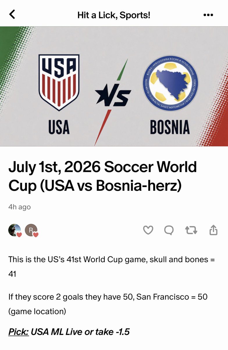 HitaLickPicks's tweet photo. USA ML live / -1.5 (+110) β
π°π₯
US to score 2 goals β
π°π₯
They win in their 41st World Cup game, skull and bones = 41
They scored 2 exact goals to get to 50, San Francisco = 50
(game location)
#WorldCup #USA #Hitalick #Gematria