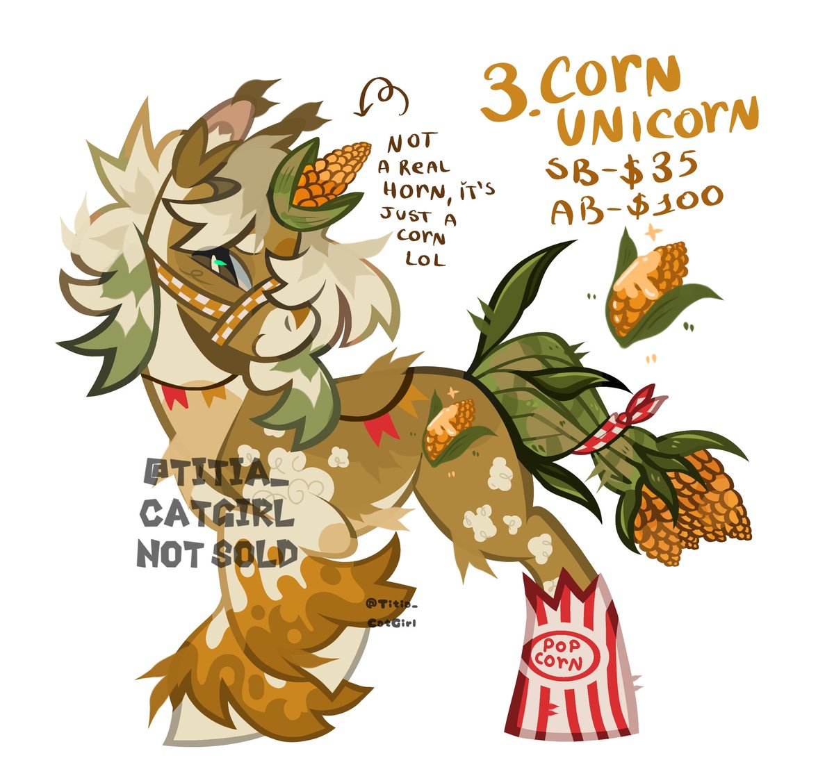 titiacatgirl's tweet photo. Corn Unicorn 🌽🦄 - [ADOPT]

This guys is the only pony left of my pony batch >u<

SB 💲35
MI 💲5
AB 💲100

🌽PP only.
🌽Can do small holds if AB.
🌽Please comment or dm to bid.

Interactions are amazing, tysm! ✨️ https://t.co/Yfj2q1HJym