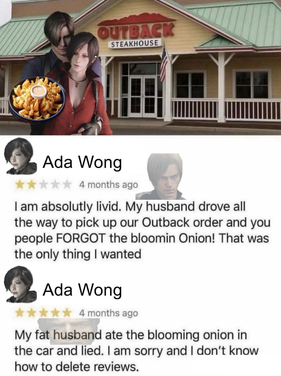 idriveufos's tweet photo. what is leons punishment for eating the entire blooming onion
#aeon #adawong #leonkennedy #residentevil https://t.co/1zJtZ24hhR