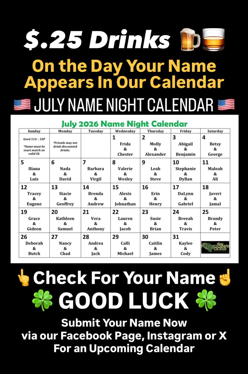 TheGoosesAcre1's tweet photo. Feeling LUCKY? 🍀
#Drinks & #Drafts
@TheGoosesAcre1
$.25 #WellDrinks🥃
10oz #Domestics🍺
If your name appears on
our #NameNightCalendar
Name must be an exact match
w/your 21+ valid ID/Passport
Only named party is eligible
Good only on the date name is listed from 11AM-10PM https://t.co/pyQE7sEGN8