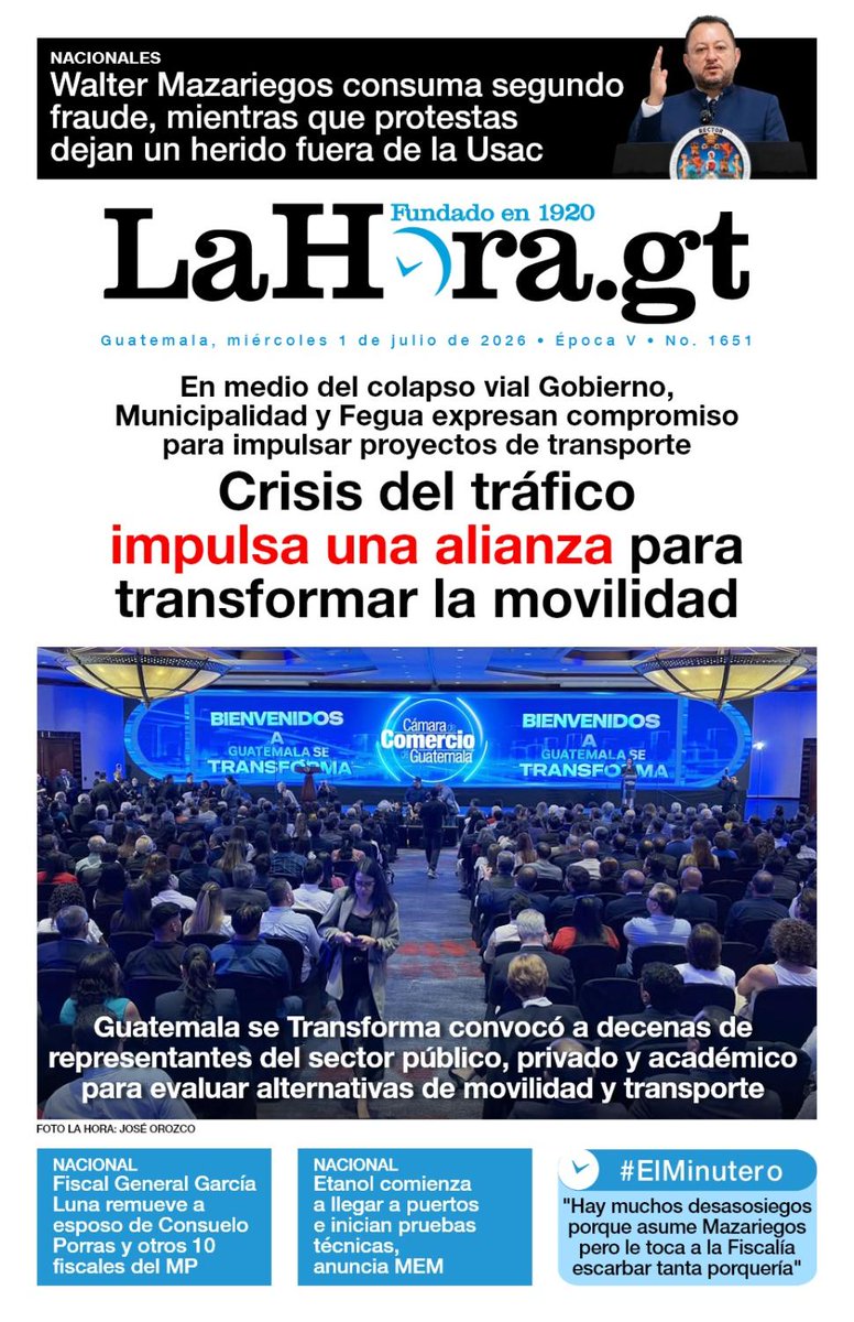 lahoragt's tweet photo. #PORTADADEHOY 📰
📌 Movilidad en crisis: Gobierno, Municipalidad y FEGUA acuerdan coordinar acciones en favor de soluciones al transporte público. Todos los detalles aquí ➡️ https://t.co/lJPUmOPprg https://t.co/UEYplyuFdo