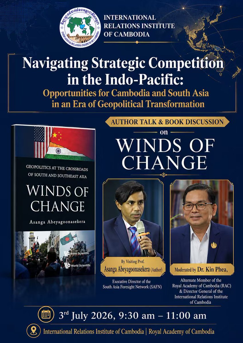 AsangaAbey's tweet photo. Deeply honoured to be invited to speak at the prestigious @International Relations Institute of Cambodia. I look forward to engaging in meaningful discussions on geopolitics and strategic affairs in #Cambodia. Grateful for this opportunity. @worldscientific #windsofchange #ASEAN https://t.co/FIjLA5BSvi