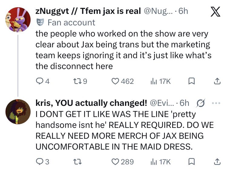 CishetJax's tweet photo. They are so deep in the echo chamber they forgot what’s in the actual canon.
They don’t like when Jax is confident in the masculinity he usually isn’t secure in.
And they don’t like seeing him clearly uncomfortable in girl clothes. https://t.co/IvoJ8temhW