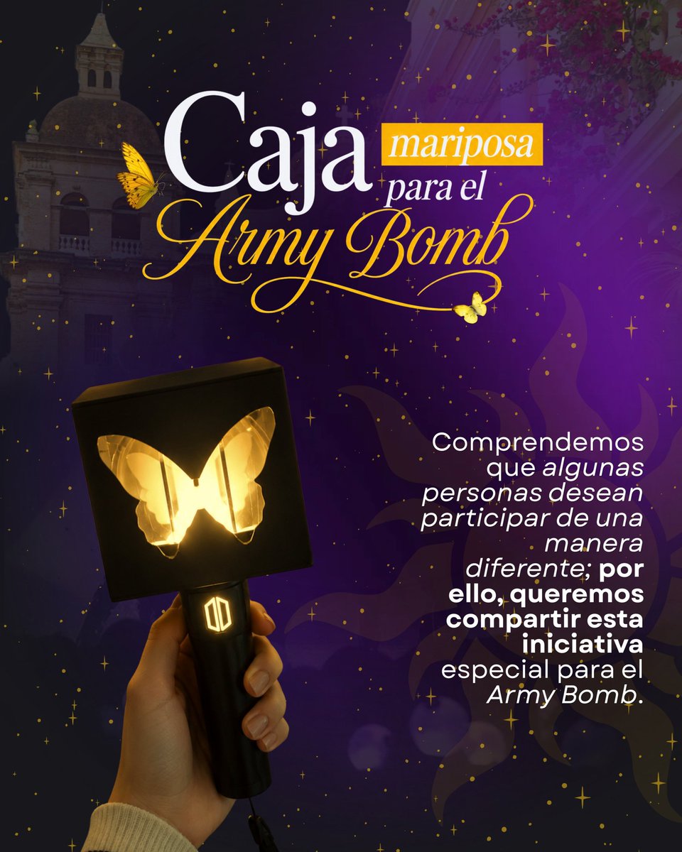 VantxLau's tweet photo. Bueno mis queridas Armys colombianas, esto queda en nuestras manos. Perfectamente podemos apoyar los proyectos de la fanbase y adicionar el proyecto propuesto por @PurpleOceanCo de mariposas hacia el sol para Into the sun. Miren lo bonito que se ve 💛✨ https://t.co/OvXzQLtzwd