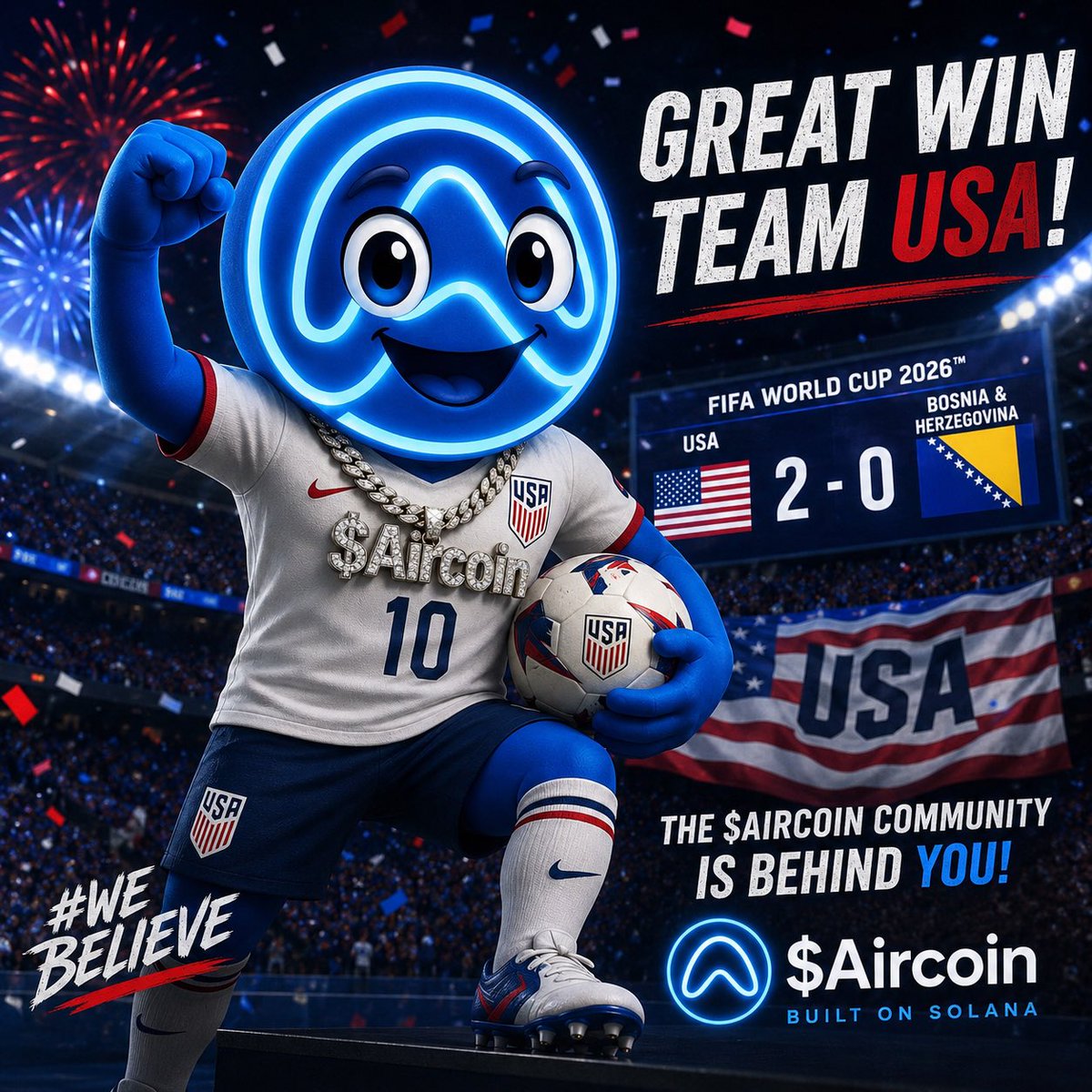 BasedRaider20's tweet photo. Huge shoutout to Team USA! 🇺🇸 What a performance tonight, q2-0 and on to the next round! The entire $Aircoin community is behind you. Keep making history! ⚽
#USMNT #TeamUSA #FIFAWorldCup #WorldCup2026 #USAvBIH #Soccer #Football #USA #WeBelieve #Usa #Aircoin https://t.co/ZyDpzqvvLr