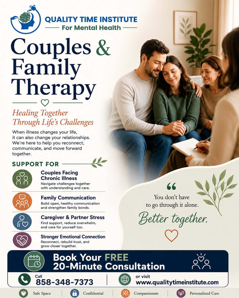 QTIMH's tweet photo. When illness changes your life, it can also change your relationships.

Quality Time Institute offers compassionate telehealth &amp; in-person support for:

- Couples Facing Chronic Illness.
- Family Communication.
- Caregiver &amp; Partner Stress.

Call 858-348-7373 https://t.co/ypz14oIXMD