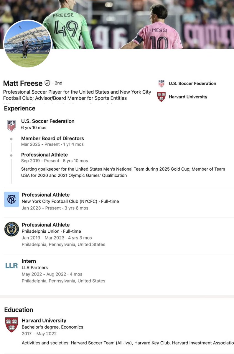 TrungTPhan's tweet photo. Matt Freese LinkedIn bio goes hard:

> Banner photo of him fist-bumping Messi
> Starting goalkeeper for US Men's Soccer and NYC FC
> Harvard degree (and a summer internship at PE firm) https://t.co/iGc3b4lwAA