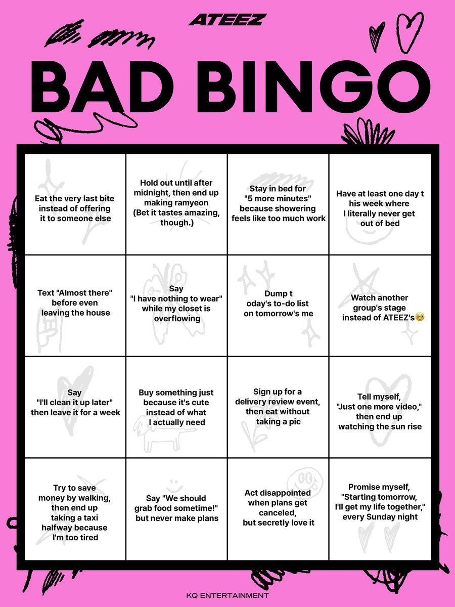 ateezbrwins's tweet photo. [📢] BAD BINGO

ATEEZ lançou um novo desafio para membros da plataforma deles no TOKTOQ.

Para participar do BAD BINGO siga as instruções e cumpra-as DENTRO do app TOKTOQ.

1 - Complete sua própria cartela de bingo e poste com a tag  #나만의_BAD_BINGO no mural do ATEEZ para concorrer a um sorteio.
É necessário colocar o nome de usuário do toktoq na imagem
-- Prêmio : 1 Polaroid autografada (24 vencedores)

2 - Bingo telepatia
Participe no link selecionando a cartela de um membro que você quer adivinhar
https://t.co/tn3nW3o6Cf
“Após o período do evento terminar, serão reveladas as cartelas de bingo preenchidas pelos próprios membros do ATEEZ”

- Prêmio : BAD KIT (o mesmo dado kit em music shows) + 1 Pop Socket
50 ganhadores

#ATEEZ #에이티즈 #GOLDENHOUR
#GOLDENHOUR_Part5 #BAD @ATEEZofficial