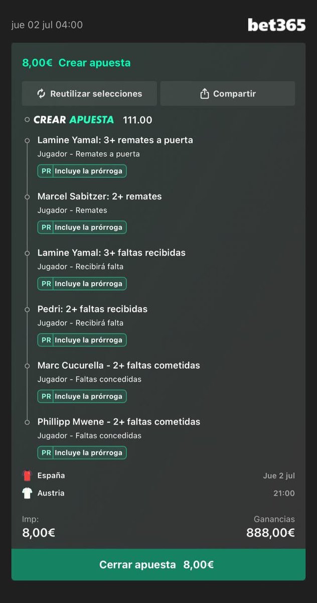 ApuestasElite7's tweet photo. Vamos a hacer historia con España 🇪🇸 

Súbete al 🚢 de la CUOTA 111 🍿

Si sale ✅ regalaré 100€ entre todos los que den ❤️ y nos sigan en telegram (link 1 comentario👇)

👇Tweet citado 🇪🇸 gana a 🇦🇹 a cuota 5‼️
