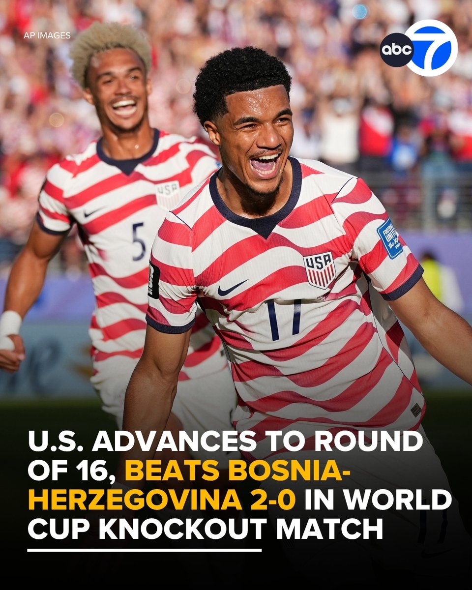 ABC7's tweet photo. The United States beat Bosnia-Herzegovina 2-0 to advance to the round of 16. Folarin Balogun scored just before halftime and Malik Tillman scored on a free kick in the 82nd minute to seal the win. https://t.co/ftSAUrK1Xn https://t.co/zKmOJlQNgu