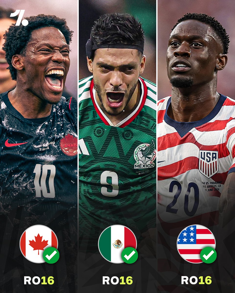 OneFootball's tweet photo. All THREE host nations are through to the Round of 16... what a generational run Canada, Mexico and USA are all on 🇨🇦🇲🇽🇺🇸😮‍💨 https://t.co/mCknEglL4I
