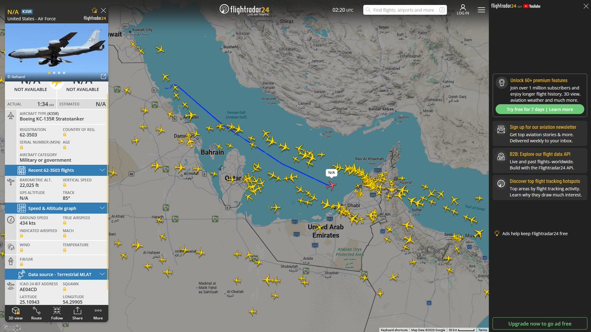 AIYeyENGDdJkjTr's tweet photo. July 2, 2026
#Ben Gurion ==> #Gulf of Oman
#NoCALLSIGN #AE05A4 USAF KC-135R Stratotanker
#Ben Gurion ==> #Persian Gulf
#NoCALLSIGN #AE0263 USAF KC-135R Stratotanker
#NoCALLSIGN #AE014A USAF KC-135R Stratotanker
#Ben Gurion ==>
#NoCALLSIGN #AE04CD USAF KC-135R Stratotanker https://t.co/liyiOE7t6B