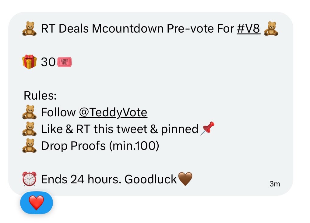haocattos's tweet photo. 🧸 RT Deals Mcountdown Pre-vote For #V8 🧸

🎁 30🎟️

 Rules: 
🧸 Follow @TeddyVote 
🧸 Like &amp; RT this tweet &amp; pinned📌
🧸 Drop Proofs (min.100) 

⏰ Ends 24 hours. Goodluck🤎 https://t.co/jS7oBBDQmi