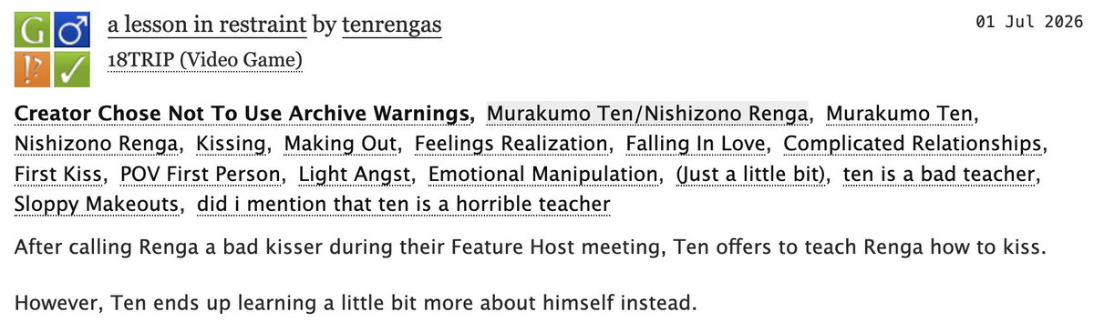 zephyrsveil's tweet photo. "a lesson in restraint"
ten teaches renga how to kiss, and ends up learning a little lesson of his own. 
#tenren 添練 18trip, ~4.2k words
https://t.co/bUSyV6y2oC https://t.co/KnBmhiKvh9