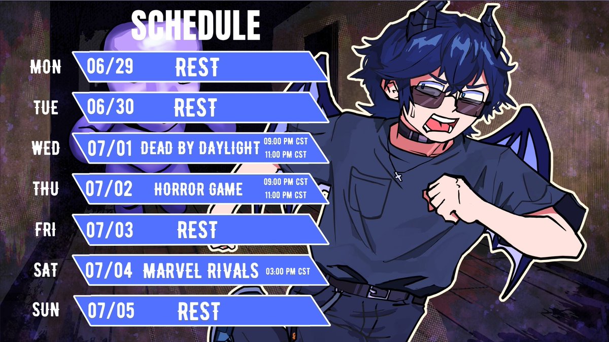 Zefrith_'s tweet photo. ✦•┈๑⋅⋯ STREAM SCHEDULE!⋯⋅๑┈·✦ 

⁺₊✧DEAD BY DAYLIGHT
⁺₊✧HORROR GAME
⁺₊✧MARVEL RIVALS https://t.co/2Rq3vA4yhi