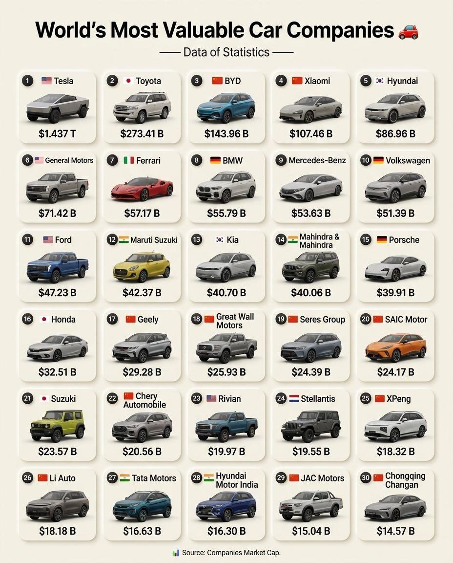 DataOfStats's tweet photo. World’s Most Valuable Car Companies 🚗 

1. 🇺🇸 Tesla: $1.437 T
2. 🇯🇵 Toyota: $273.41 B
3. 🇨🇳 BYD: $143.96 B
4. 🇨🇳 Xiaomi: $107.46 B
5. 🇰🇷 Hyundai: $86.96 B
6. 🇺🇸 General Motors: $71.42 B
7. 🇮🇹 Ferrari: $57.17 B
8. 🇩🇪 BMW: $55.79 B
9. 🇩🇪 Mercedes-Benz: $53.63 B
10. 🇩🇪 Volkswagen: $51.39 B
11. 🇺🇸 Ford: $47.23 B
12. 🇮🇳 Maruti Suzuki: $42.37 B
13. 🇰🇷 Kia: $40.70 B
14. 🇮🇳 Mahindra & Mahindra: $40.06 B
15. 🇩🇪 Porsche: $39.91 B
16. 🇯🇵 Honda: $32.51 B
17. 🇨🇳 Geely: $29.28 B
18. 🇨🇳 Great Wall Motors: $25.93 B
19. 🇨🇳 Seres Group: $24.39 B
20. 🇨🇳 SAIC Motor: $24.17 B
21. 🇯🇵 Suzuki: $23.57 B
22. 🇨🇳 Chery Automobile: $20.56 B
23. 🇺🇸 Rivian: $19.97 B
24. 🇳🇱 Stellantis: $19.55 B
25. 🇨🇳 XPeng: $18.32 B
26. 🇨🇳 Li Auto: $18.18 B
27. 🇮🇳 Tata Motors: $16.63 B
28. 🇮🇳 Hyundai Motor India: $16.30 B
29. 🇨🇳 JAC Motors: $15.04 B
30. 🇨🇳 Chongqing Changan: $14.57 B

📊 Source: Companies Market Cap.