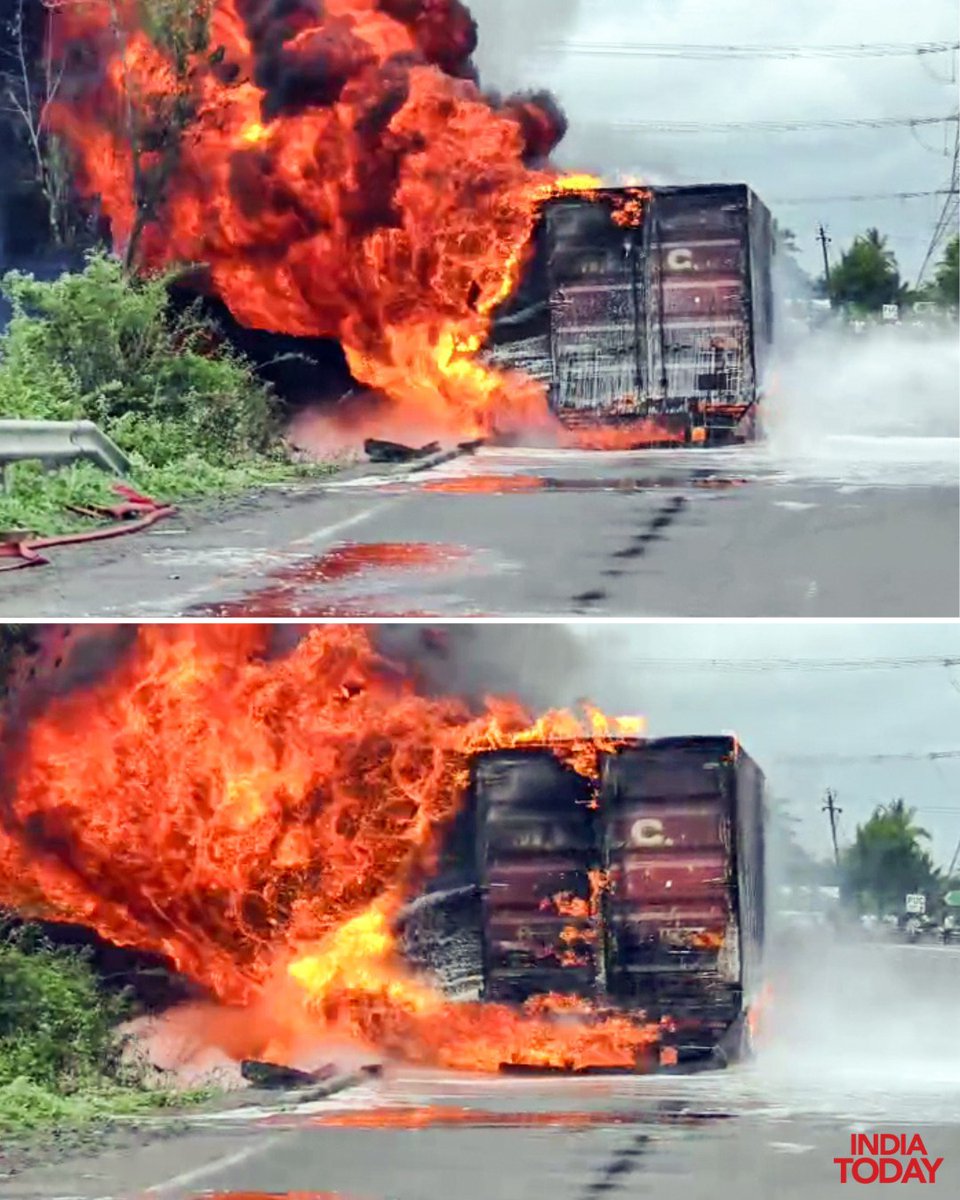IndiaToday's tweet photo. #InPics | Fire tenders try to douse the flames after a container truck catches fire on the National Highway-48 near Sonwada village, in Valsad on Wednesday.
#Gujarat #Valsad #TruckFire #NH48 #Firefighters #ITPhotoblog https://t.co/XfzUKlwtj6
