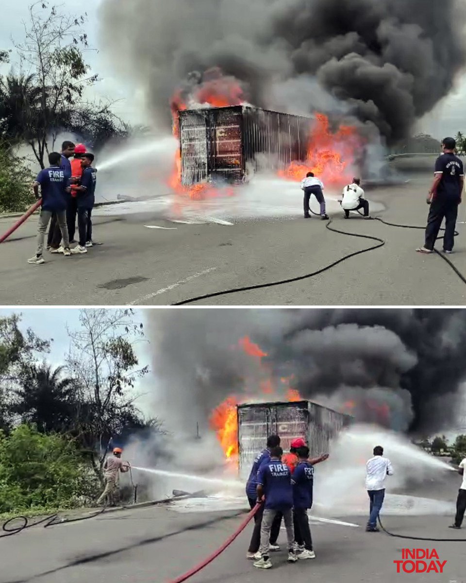 IndiaToday's tweet photo. #InPics | Fire tenders try to douse the flames after a container truck catches fire on the National Highway-48 near Sonwada village, in Valsad on Wednesday.
#Gujarat #Valsad #TruckFire #NH48 #Firefighters #ITPhotoblog https://t.co/XfzUKlwtj6