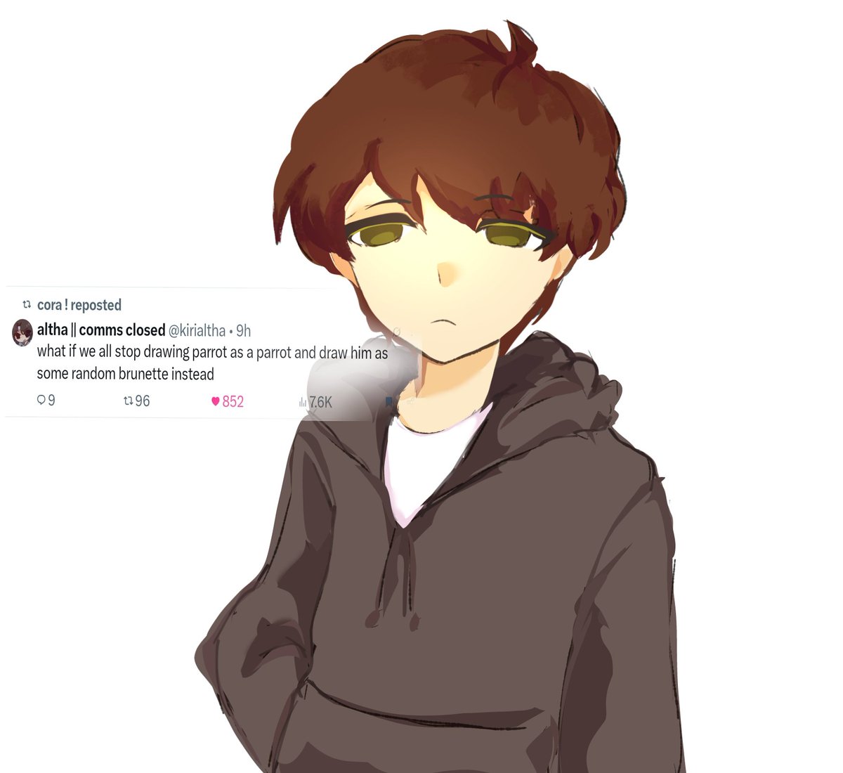 R3NNY111's tweet photo. I'm genuinely just assuming he still has the same bowl cut 😭😭 #parrotx2fanart https://t.co/PCqt6ht6rd