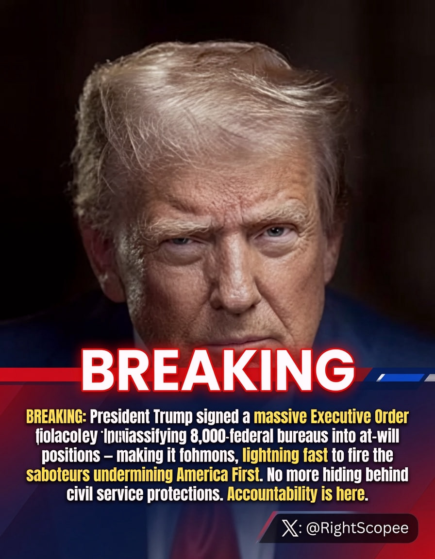 RightScopee's tweet photo. 🚨BREAKING: Trump just nuked the Deep State! 

President Trump signed a massive Executive Order reclassifying 8,000+ senior federal bureaucrats into at-will positions — making it lightning fast to fire the saboteurs undermining America First. No more hiding behind civil service protections. Accountability is here.

Is it finally time to drain the swamp for good? 

A. YES  
B. NO
