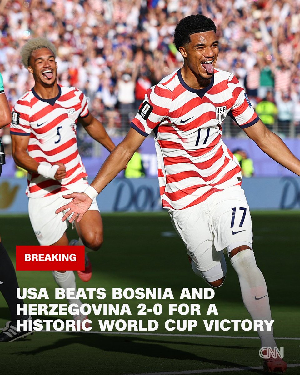 cnnbrk's tweet photo. The USA defeats Bosnia and Herzegovina, a historic win for the United States as they down the Bosnians 2-0 to advance to the Round of 16, their first knockout win in the World Cup since 2002. https://t.co/O8OqmUWckW https://t.co/io7alqEOHR