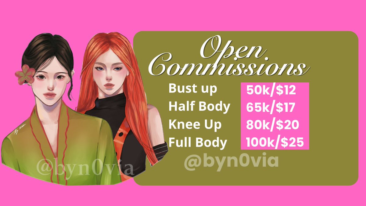 byn0via's tweet photo. [RTs & Likes are greatly appreciated!<3]

𐙚 URGENT COMMISSIONS OPEN

Hello, everyone! I'm opening urgent commissions to support my studies and cover my college expenses.

✨ Open for local & international clients.
✨ Feel free to DM me if you're interested or have any questions!
#commissions #artcommissions #artidn #zonauang