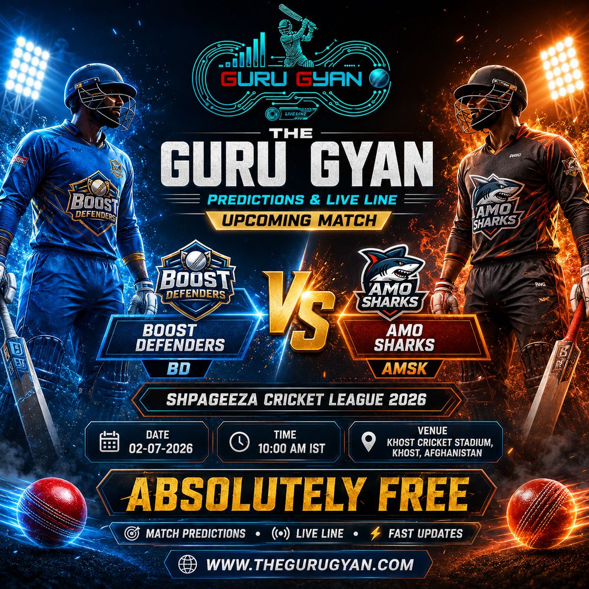 TheGuruGyanAI's tweet photo. Get Ready for #ShpageezaCricketLeague2026 Match
#BoostDefenders vs #AmoSharks
TODAY at 10:00
Live Score & FREE Predictions:
https://t.co/oynNwCKksh
#TheGuruGyan #LiveLine #FreeCricketPredictions #BD #AMSK
Read full article: https://t.co/oynNwCKksh https://t.co/PC3TVOwcs7