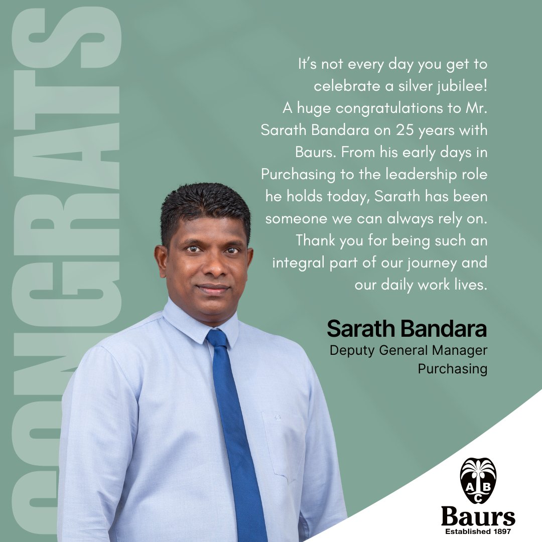 A_Baur_Co's tweet photo. 25 years of hard work, dedication, and dependability. Thank you, Mr. Sarath Bandara, for being an integral part of our Purchasing team and the Baurs journey.

#WorkAnniversary #25YearsOfService #EmployeeAppreciation #Baurs https://t.co/PfULLI5KSm