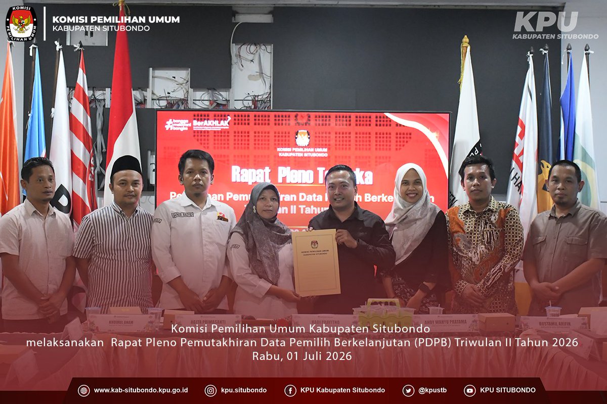 kpustb's tweet photo. #temanpemilih Komisi Pemilihan Umum Kabupaten Situbondo melaksanakan Rapat Pleno Terbuka Pemutakhiran Data Pemilih Berkelanjutan (PDPB) Triwulan II Tahun 2026 

#kpumelayani https://t.co/DBDPs89GaU