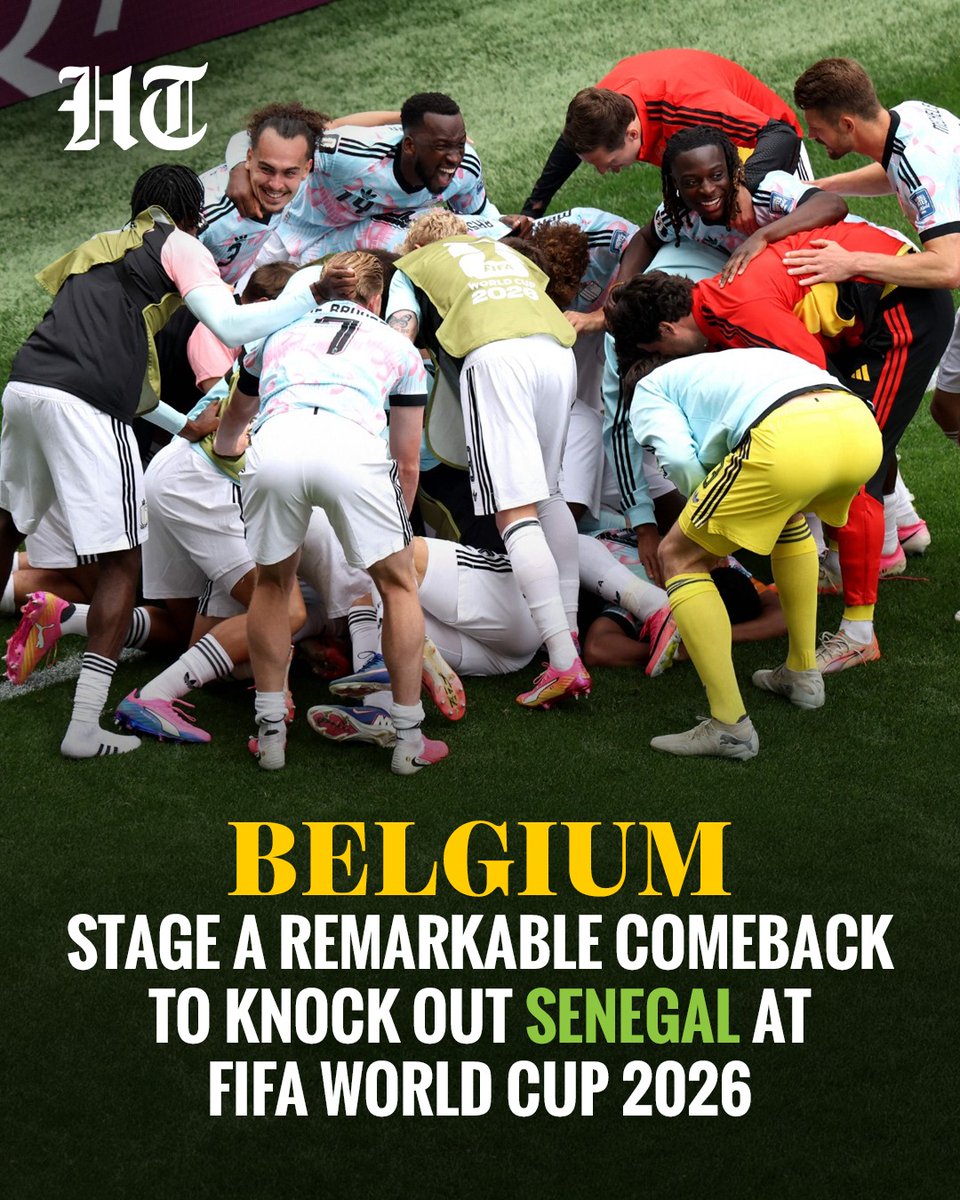 htTweets's tweet photo. Youri Tielemans scored the latest winner in World Cup history as Belgium mounted an incredible comeback from two goals down to beat Senegal 3-2 and qualify for the last 16 of the World Cup on Wednesday.

Senegal appeared on course for a first win in a World Cup knockout match since their 2002 debut after taking a 2-0 lead through strikes from Habib Diarra and Ismaila Sarr in Seattle.

However, Belgium forced extra time as Romelu Lukaku and Tielemans scored in the final five minutes, before the Aston Villa midfielder completed a remarkable turnaround by converting a penalty in the 125th minute.

#Belgium #Senegal #FifaWorldCup2026 #WorldCup

Know more 🔗 https://t.co/4plQUgNOQ2