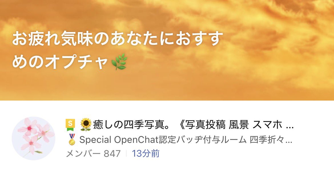 ryu_OpenChat's tweet photo. 今日のオプチャ特集掲載部屋からおすすめオプチャを3つ紹介‼︎
②
四季折々の風景写真を投稿する癒し空間
みんなで四季を彩ろう
🌻癒しの四季写真。《写真投稿 風景 スマホ カメラ AI》
https://t.co/FA6Uo8dlVX
#オプチャ
#オープンチャット
#OpenChat https://t.co/XkinAsFdio