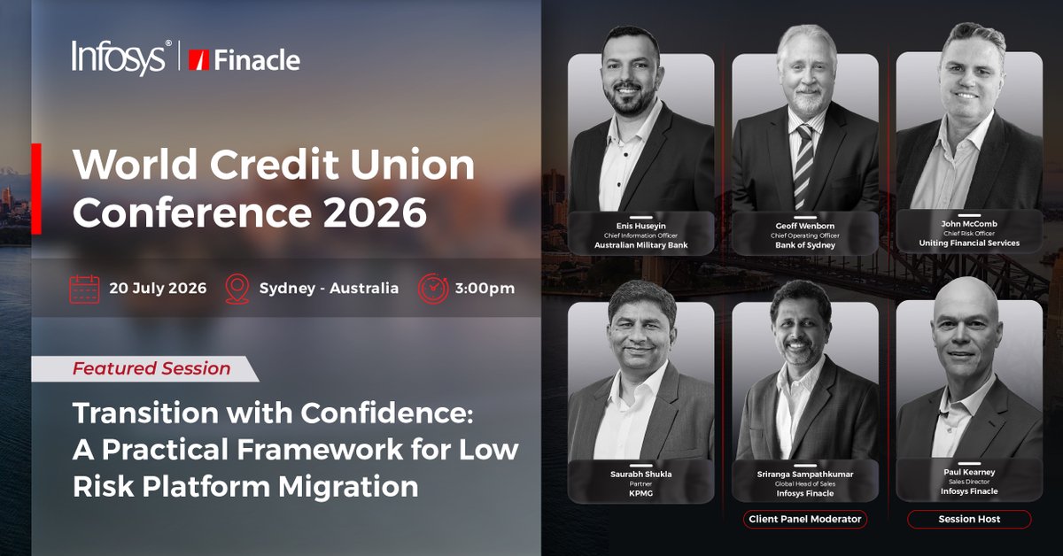 Finacle's tweet photo. Join us at WCUC 2026: https://t.co/nJuMlFdnhM
In the session, industry leaders will come together to demystify one of banking’s most critical transformation journeys.
#InfosysFinacle #WCUC2026 #CoreTransformation #BankingTransformation #DigitalBanking #FinancialServices https://t.co/StZ7XCQsTD