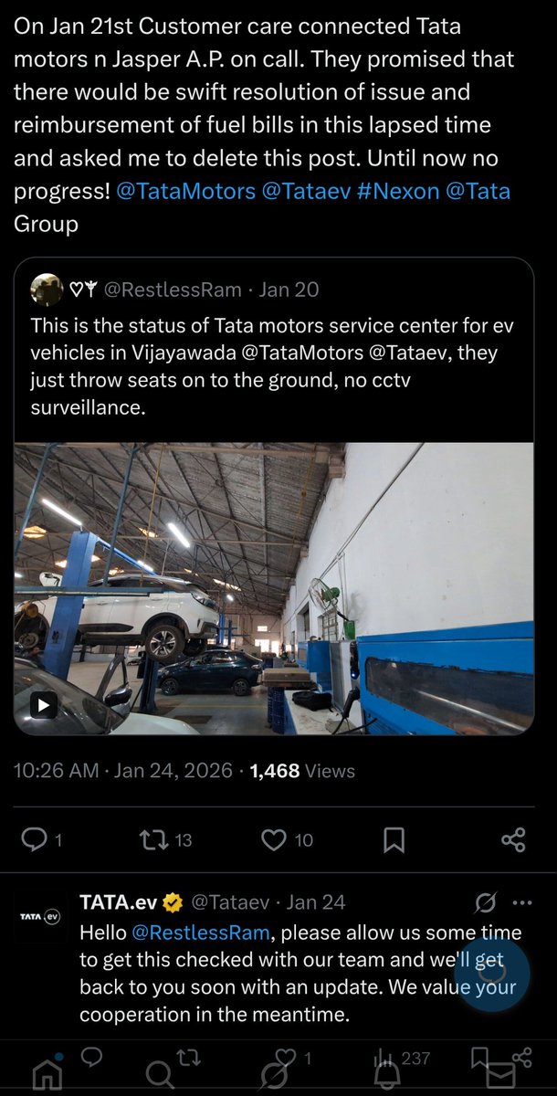 RestlessRam's tweet photo. Before buying d #SierraEV, don't just look price like me when I bought nexon. As a #NexonEV owner, I've spent over 6 months chasing unresolved issues.😢 Sales serve tea and biscuits; service serves stress and excuses. Visit service center - ur mind will b blown 💯 #Vijayawada https://t.co/kk5I4Y2qhA