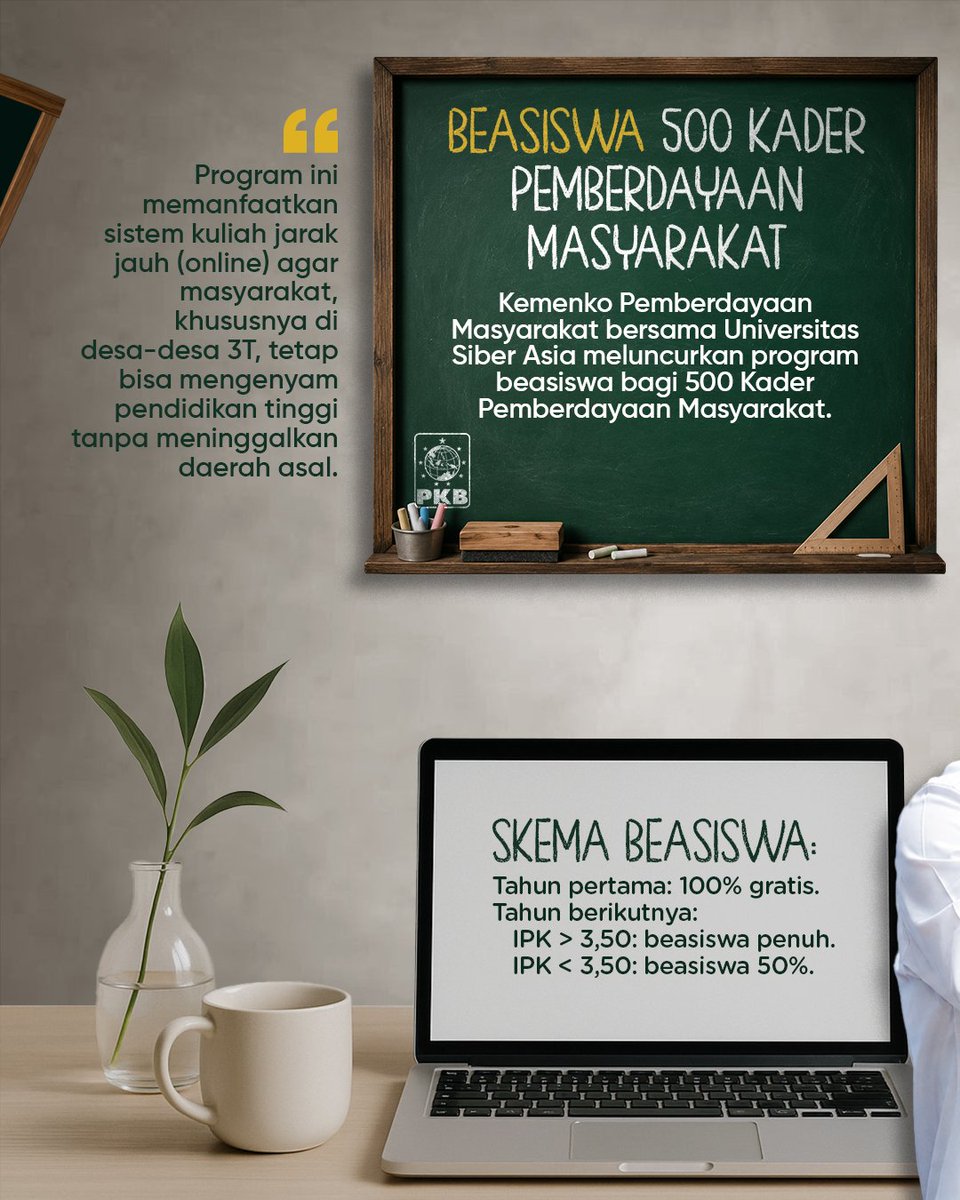 DPP_PKB's tweet photo. Menko PM Muhaimin Iskandar menegaskan akses pendidikan harus menjangkau seluruh pelosok, terutama wilayah 3T. Melalui Program Beasiswa 500 Kader Pemberdayaan Masyarakat, pemerintah mendorong lahirnya SDM unggul untuk membangun desa dan memperkuat Indonesia.

#PKB @cakimiNOW https://t.co/IBQxFemywp