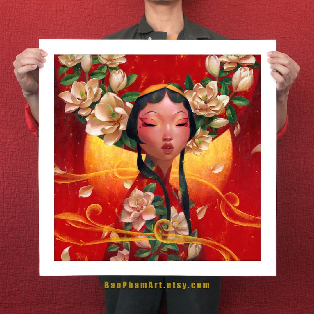 baotpham's tweet photo. Chúc Mừng Năm Mới!✨🧧❤️‍🔥🐴✨ I'm celebrating Vietnamese New Year with the release of my new print "Magnolia Fire"🌿🌸❤️‍🔥🌿. She's also accompanied by a new Golden Floral sticker set!

Find them all in my bio✨ https://t.co/Af9d4DvYzH