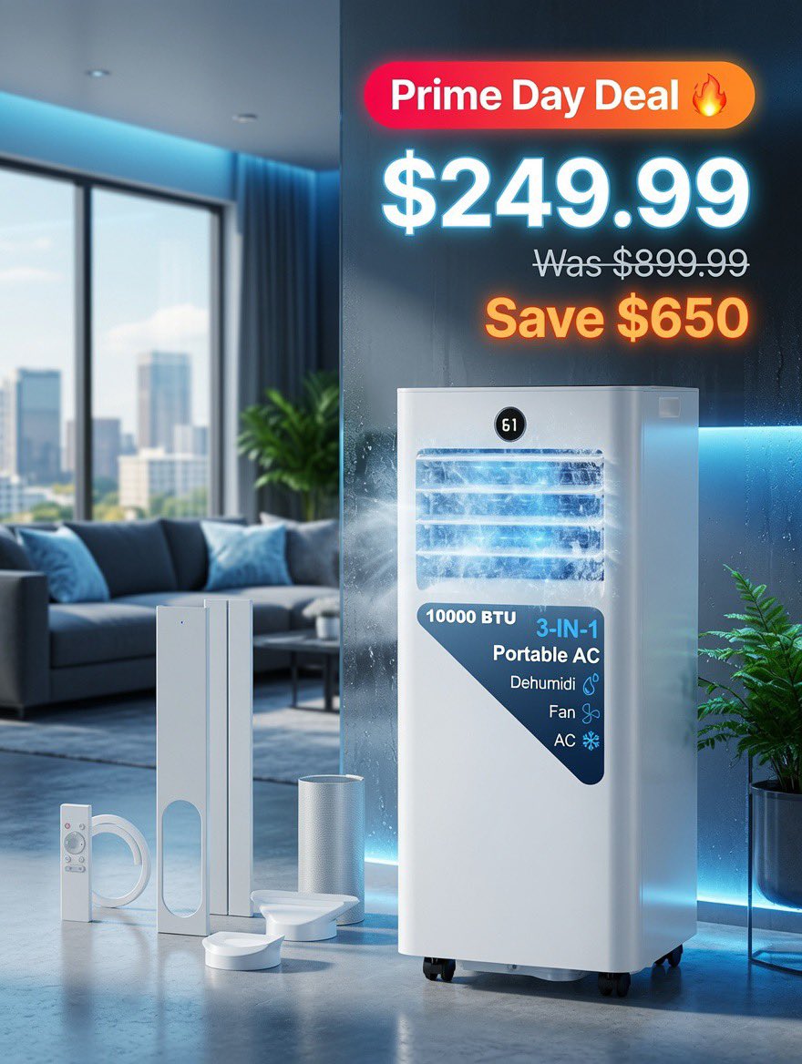 AmazonFunFinds's tweet photo. Prime Day Cooling Deal: AKIRES 10,000 BTU Portable AC – Now Only $249.99 (Was $899.99)! ❄️#ad

Powerful 3-in-1 (AC + Fan + Dehumidifier) that cools up to 450 sq.ft. With remote, 24H timer, sleep mode, and easy setup. Perfect for bedrooms and large rooms!

https://t.co/q8dJlPqwNX https://t.co/ocRWToVNxJ