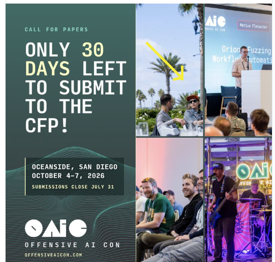 OffensiveAIcon's tweet photo. The OAIC CFP closes in 30 days- join us!

Accepted speakers will receive three nights at a four-star beachfront resort, all meals and drinks, three exclusive parties, and a Michelin-star welcome dinner.

The CFP closes July 31. https://t.co/Q8Sjul1Enb