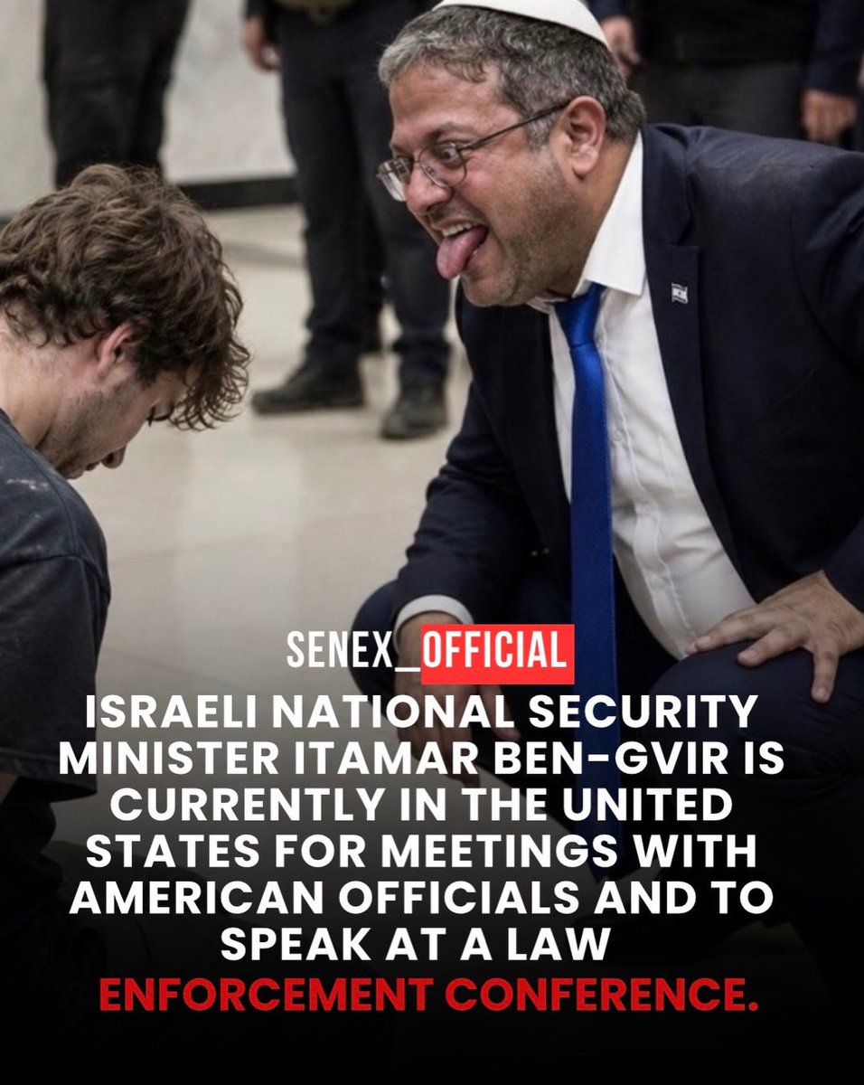 senex_official's tweet photo. Far-right Israeli National Security Minister Itamar Ben-Gvir is currently in the United States for meetings with American officials and to speak at a law enforcement conference. Ben-Gvir has a long history of inciting violence against Palestinians, has openly called for the death penalty for “terrorists,” and has made extreme statements such as “All of Lebanon must burn.” He has been widely accused of war crimes and incitement, with multiple human rights groups calling for his arrest.