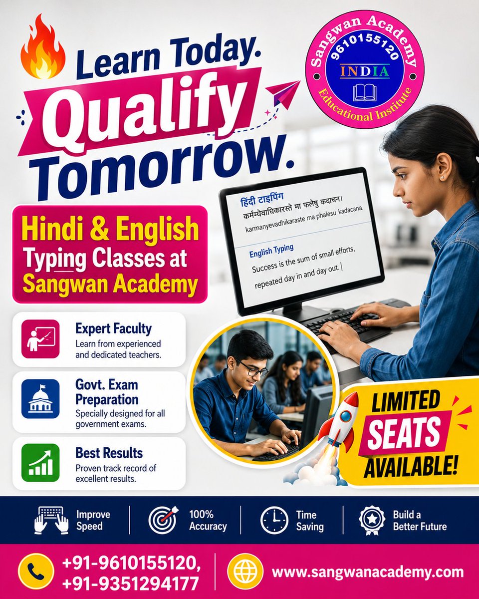 SangwanAcademy's tweet photo. 🔥 Learn Today. Qualify Tomorrow.
 Build your typing skills with Sangwan Academy ! 
🚀 Limited Seats Available. Join Now
👉Mob. No.:- 09610155120 
👉Whats App -https://t.co/1jtRLO75AZ👉Website:- https://t.co/7C4W3hYWup
 #SangwanAcademy #TypingClasses #GovtExam #HindiTyping https://t.co/BxVaKsYbGx