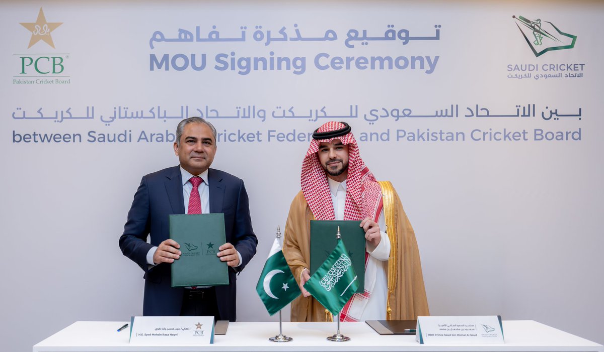 faizanlakhani's tweet photo. Saudi Arabian Cricket Federation and Pakistan Cricket Board have signed a strategic MoU for the development of a cricket stadium in Jeddah.

The project includes international standard playing surfaces, broadcast & media facilities, hospitality areas, training facilities and spectator services as Saudi pushes to expand its cricket footprint