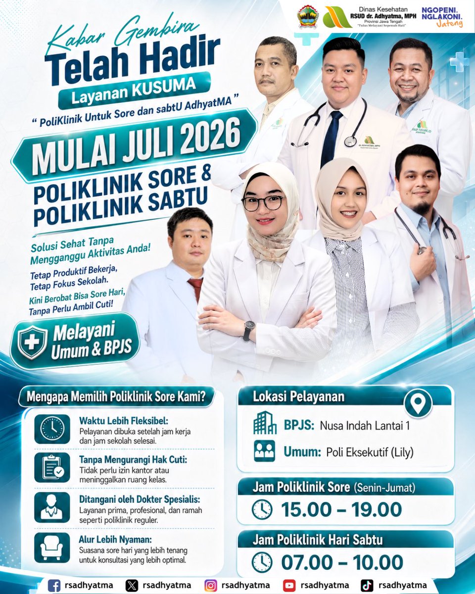 Rs_Tugurejo's tweet photo. Butuh berobat tapi jadwal padat?
Layanan KUSUMA dari RSUD dr. Adhyatma, MPH solusinya!
Mulai Juli 2026, tersedia Poliklinik Sore dan Poliklinik Sabtu untuk Anda yang ingin tetap berobat tanpa harus ambil cuti atau bolos sekolah. Melayani pasien Umum & BPJS.
#polisore #rsda https://t.co/1KnXCLSzRD