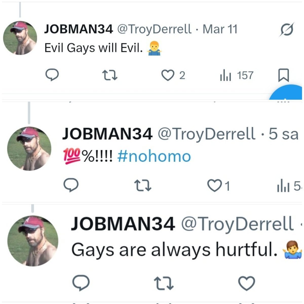 antaffron's tweet photo. @TroyDerrell @denver_daddies @TroyDerrell 's account is extremely homophobic and Schizophrenic. #Spam him please!..

@TroyDerrell is incredibly homophobic and constantly writes the same comments under gay accounts because he's a disgusting homophobe who hates gays https://t.co/Yhz8uzJYav